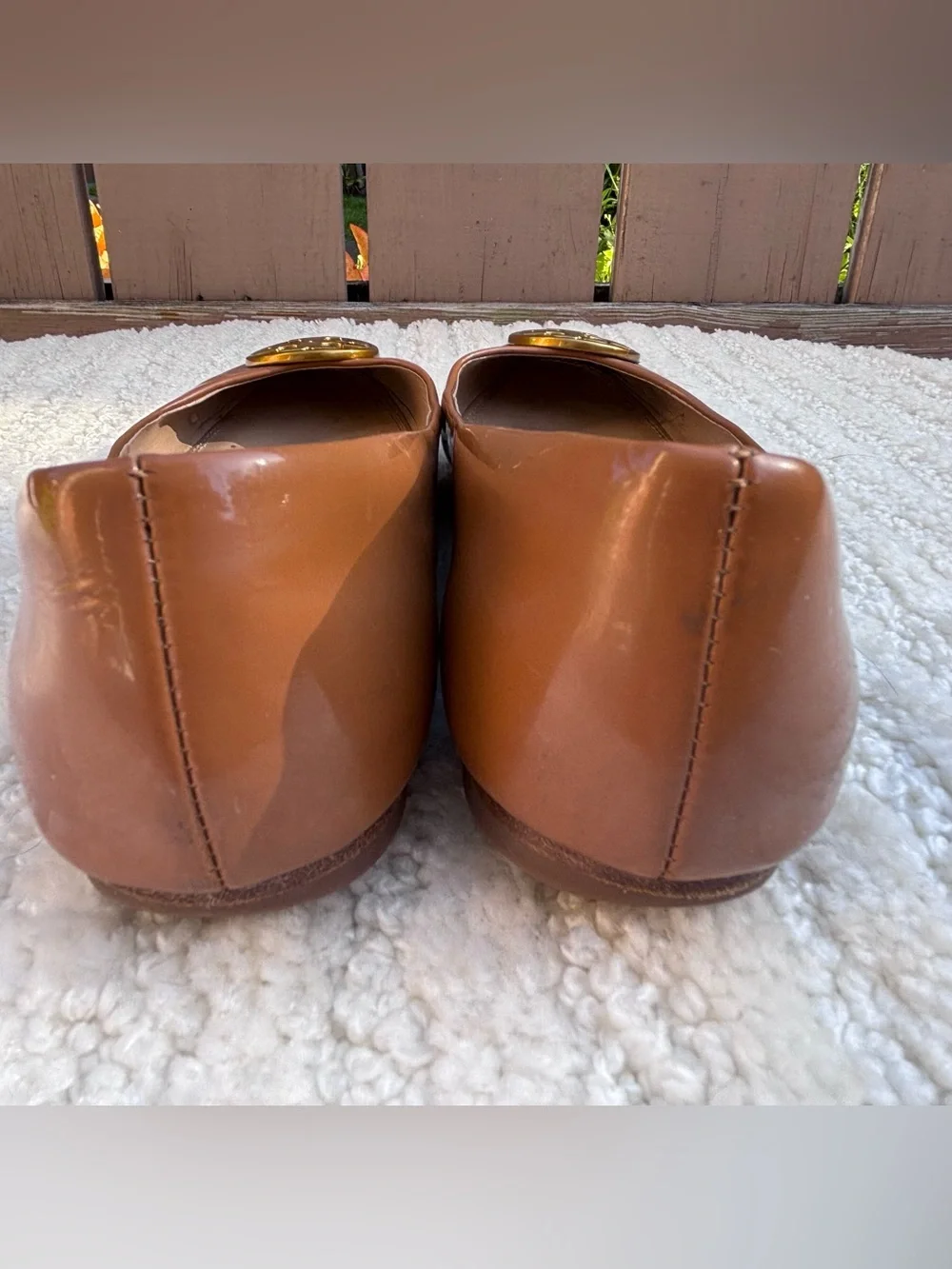Tory Burch Camel Brown Leather Logo Round-Toe Flats with Gold Emblem
